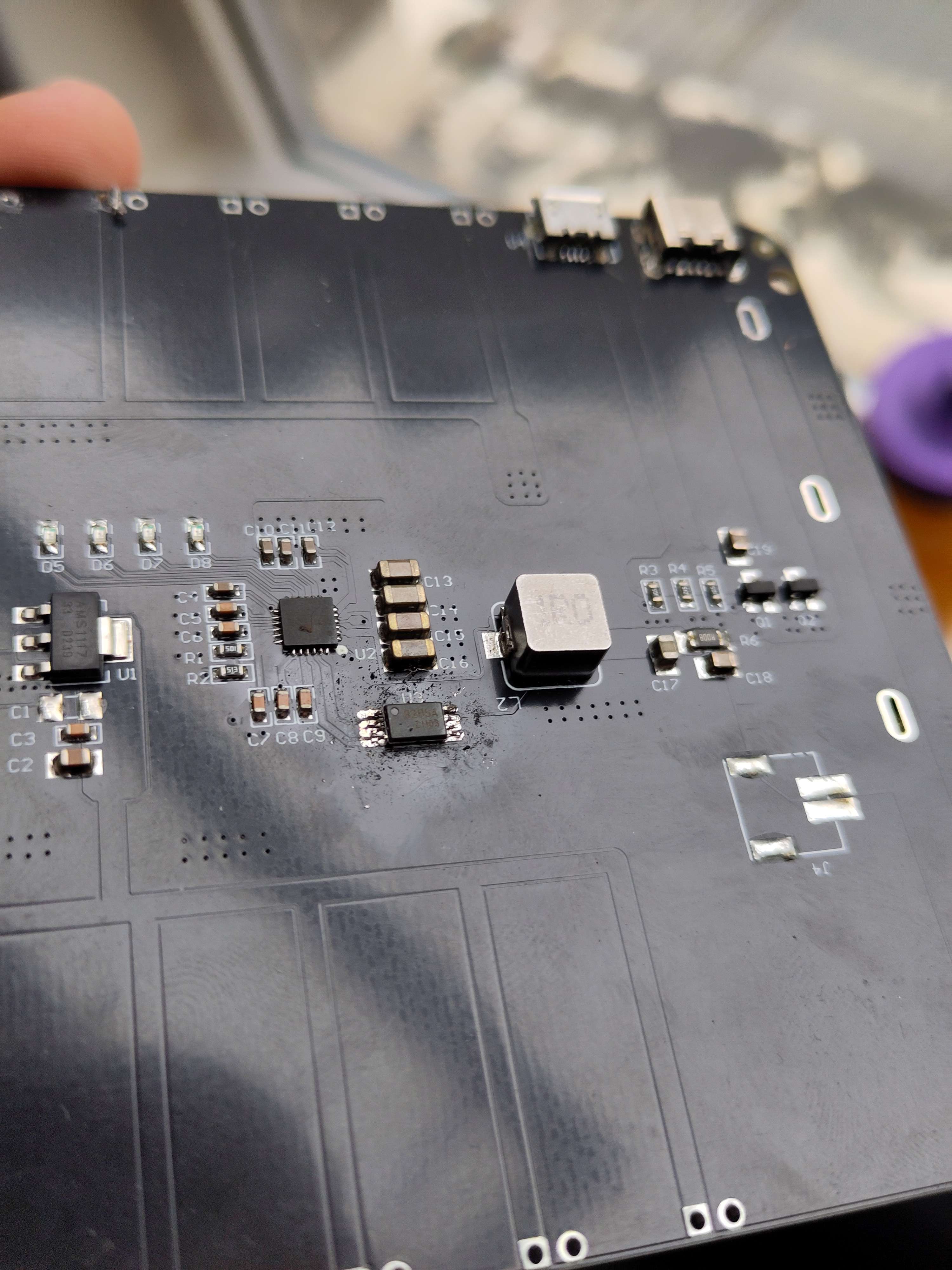 The burnt out board with a chip replaced, the job is somewhat messy but clean enough to probably work